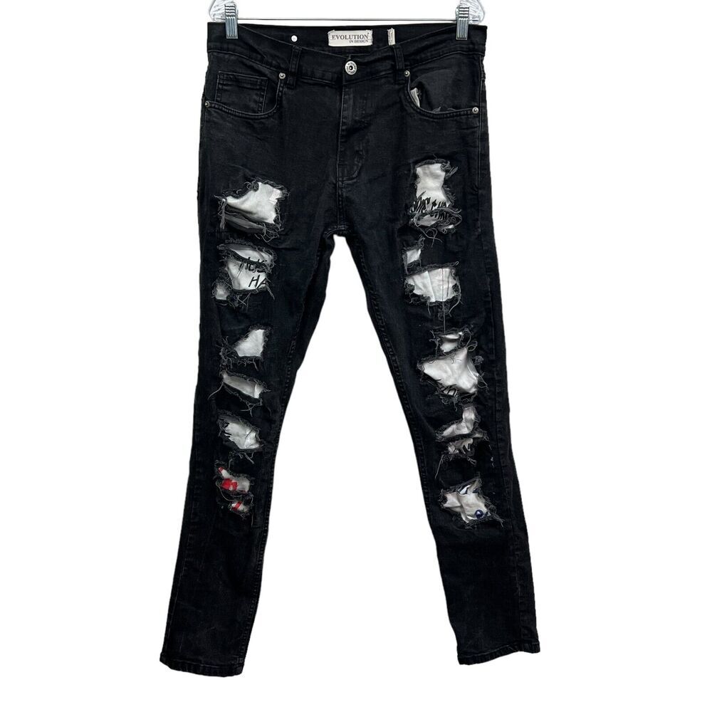 Evolution In Design Mens Jeans Stretch Distressed Raw Graffiti Black Size 34*